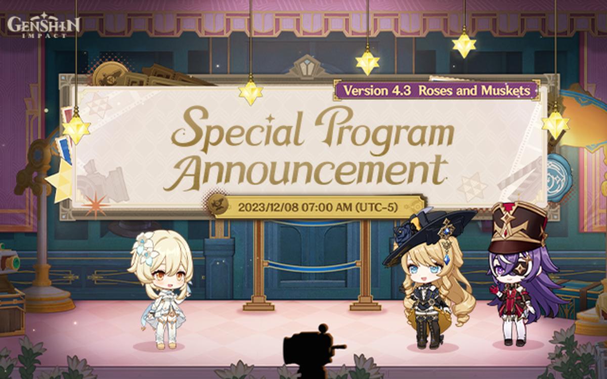 Genshin Impact 4.3 livestream announcement poster.